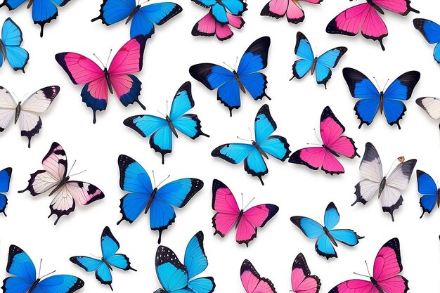 Vlinders op een witte achtergrond met roze en blauwe vlinders