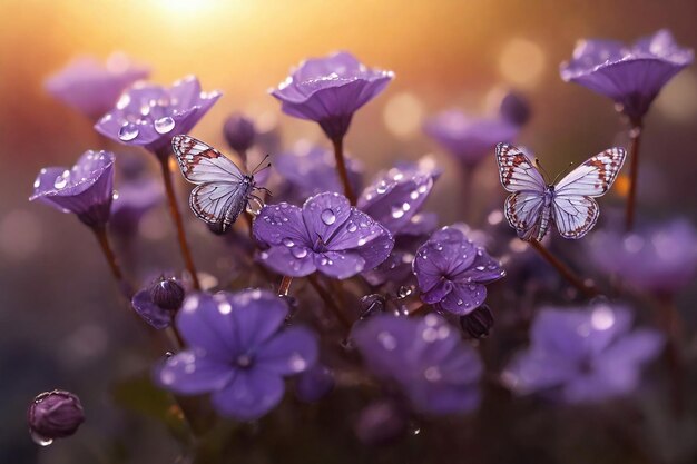 Vlinders op paarse bloemen met regendruppels in de ochtend