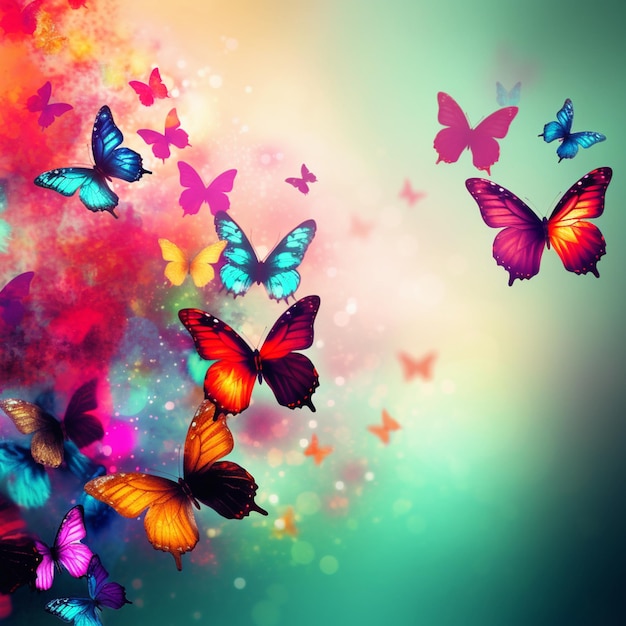 vlinders vliegen in de lucht met een kleurrijke generatieve ai als achtergrond