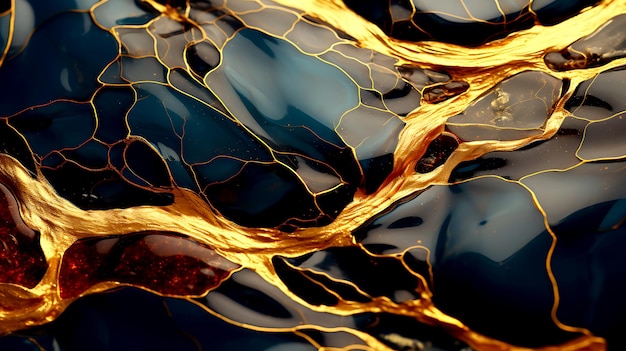 Vloeibaar zwart marmer met gouden texturen Luxe patroon gouden vloeistof illustratie Abstract gesmolten gouden textuur 3D illustratie 3D render achtergrond mode luxe 4k behang