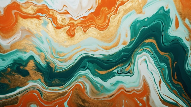 Foto vloeibare achtergrond met marmer abstracte textuur van gouden schilderij met groen oranje en gouden glitter