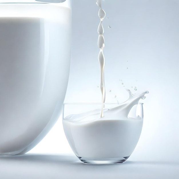 Foto vloeibare melk met een kopje chocolade en verspreide druppels