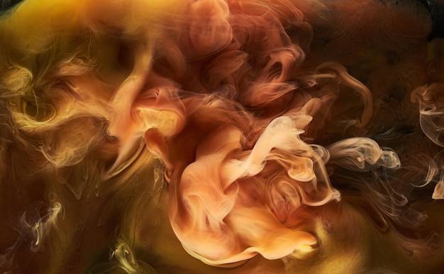 Vloeibare vloeistof kunst abstracte achtergrond Okergele mix van dansende acrylverf onderwater ruimte rook oceaan explosie van kleur