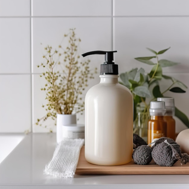 Vloeibare zeep pompfles in huis badkamer interieur body wash en verzorging cosmetische product verpakking mock