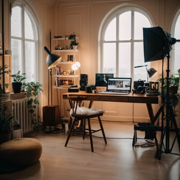 Фото vlogger рабочая комната с лампами камеры современная студия записи изображение