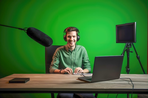 Vlogging Setup A dedicated blogger in front of a green chromakey background equipped with digital technology and all the necessary equipment for creating online content