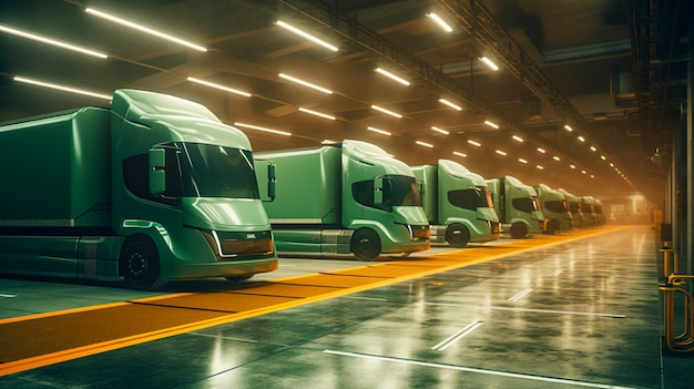 Vloot van elektrische bedrijfsvoertuigen opladen in het logistieke halcentrum Lossen van een semi-vrachtwagen die wordt gebruikt voor levering zonne- en windenergieproductiefaciliteit Consumentenscheepvaart en generatieve AI