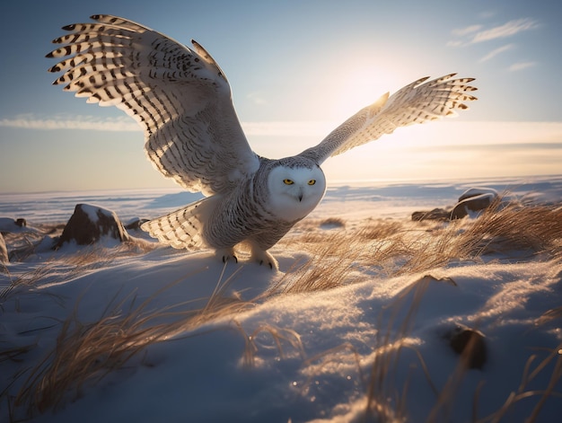 Vlucht van de sneeuwuil over de arctische toendra