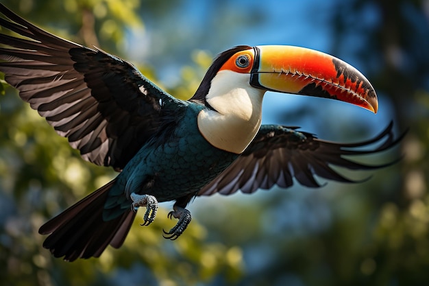 Vlucht van de tropische schoonheid Toucan in de blauwe lucht