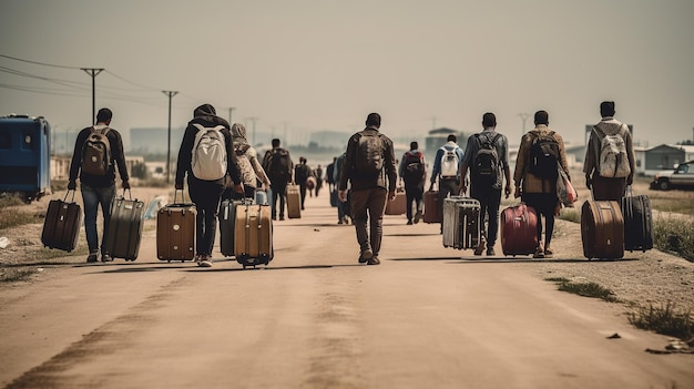 Vluchtelingen met bagage die in een rij lopen