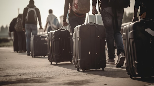 Foto vluchtelingen met bagage die in een rij lopen