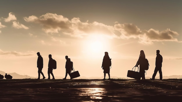 Foto vluchtelingen met bagage die in een rij lopen