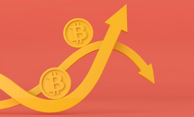 Vluchtige onzekere bitcoin-cryptocurrency op en neer pijl. 3d-weergave.