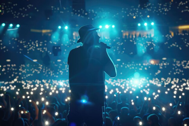 Foto vocalist performs on stage with band and phone lights