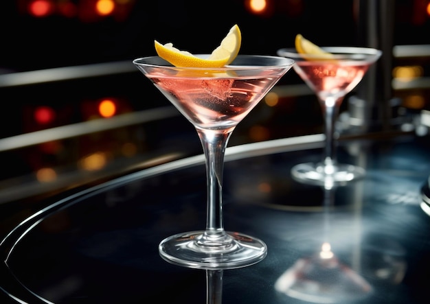 Foto cocktail di vodka alcolico con buccia di limone sullo sfondo del tavolo del barai generativo