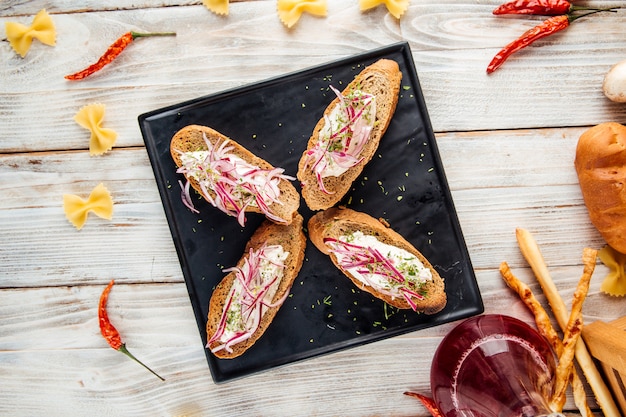 Vodka appetizer bruschetta minced herring apple