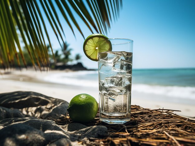 Foto bevanda di vodka in mano spiaggia al tramonto generazione ai