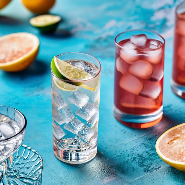 Vodka glass with ice on blue