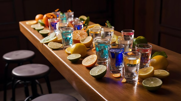 vodka shots and citrus fruits on wooden bar counter