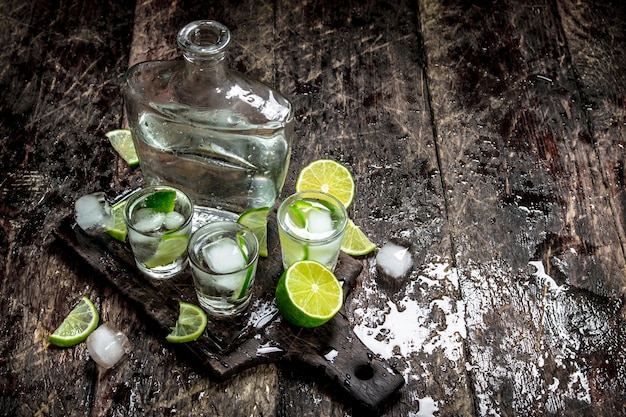 Vodka shots with lime and ice on the board on a wooden table.