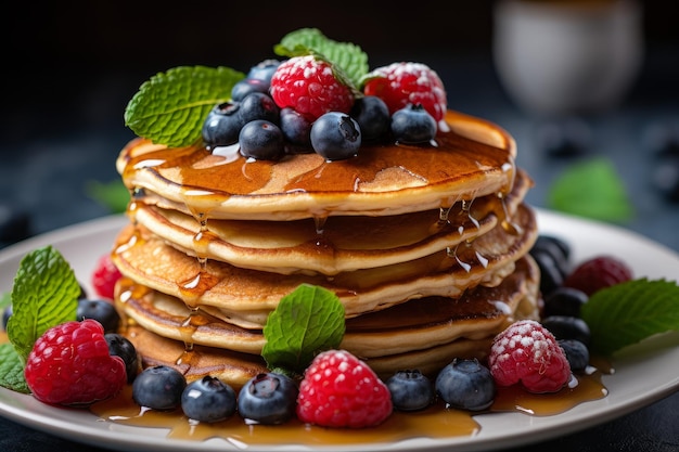 Voedbaar gezond ontbijt pannenkoek bord ochtend bakkerij Genereren Ai