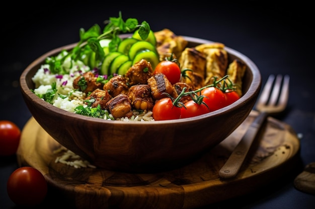 Voedende Boeddha-bak met gegrilde kip en verse avocado