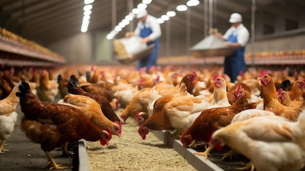 Voeding van kippen op een kippenboerderij