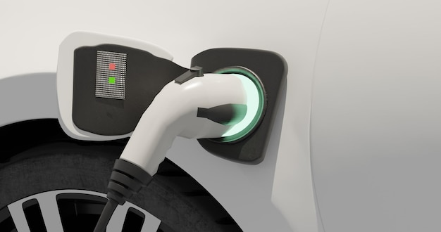 Voeding voor het opladen van elektrische auto's thuis Close-up van voeding aangesloten op moderne elektrische auto die wordt opgeladen 3d illustratie