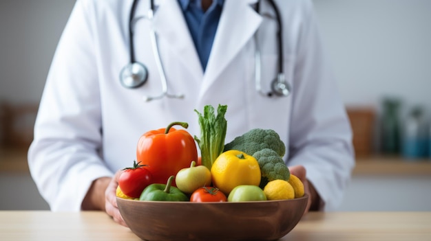 Voedingsdeskundige die patiënt overlegt met gezond fruit en groenteVoedings- en dieetconcept