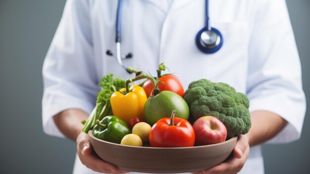 Voedingsdeskundige die patiënt raad geeft met gezonde groenten en fruit Voeding en dieetconcept