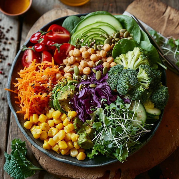 Foto voedingsrijke saladeschaal met verse groenten en eiwitten