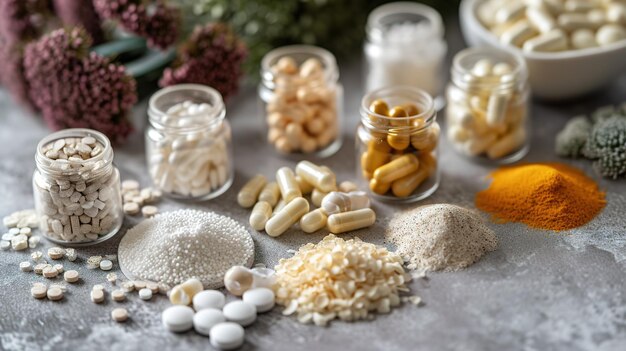 Voedingssupplementen voor gezondheid en schoonheid in pil- en poedervormen vitamines collageen biotine