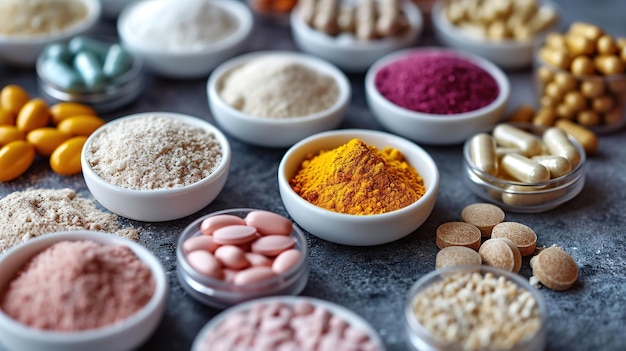 Voedingssupplementen voor gezondheid en schoonheid in pil- en poedervormen vitamines collageen biotine