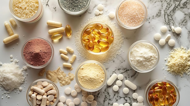 Foto voedingssupplementen voor gezondheid en schoonheid in pil- en poedervormen vitamines collageen biotine