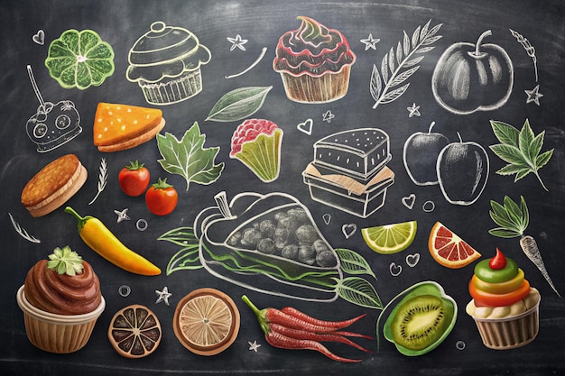 Foto voedsel achtergrondpatroon en textuur gezonde eetlijn iconen