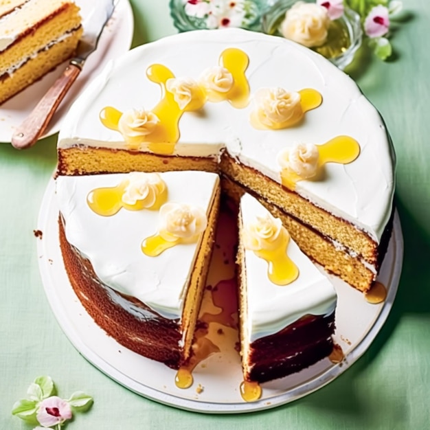 Voedsel bakkerij en vakantie bakken recept gesneden zoete citrus cake met honing na verwerking generatieve ai