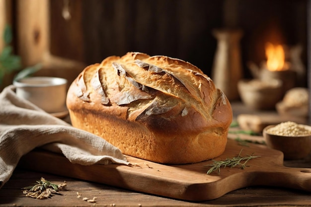 Voedsel Fotografie van een broodje vers gebakken zelfgemaakt brood dat warmte en comfort uitstraalt op een rustieke houten tafel
