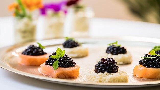 Foto voedsel gastvrijheid en roomservice voorgerechten met kaviaar als exquise keuken in hotelrestaurant a la carte menu culinaire kunst en fine dining