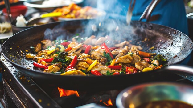 Voedsel gevulde wok op de kachel