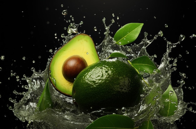 voedsel groene geïsoleerde verse avocado en groene bladeren spetterend water