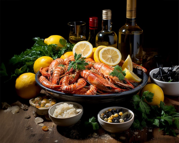 Voedsel lay-out op een houten tafel in warme bruine kleuren zeevruchten met citroen kruiden en wijn illustratie gegenereerd met AI