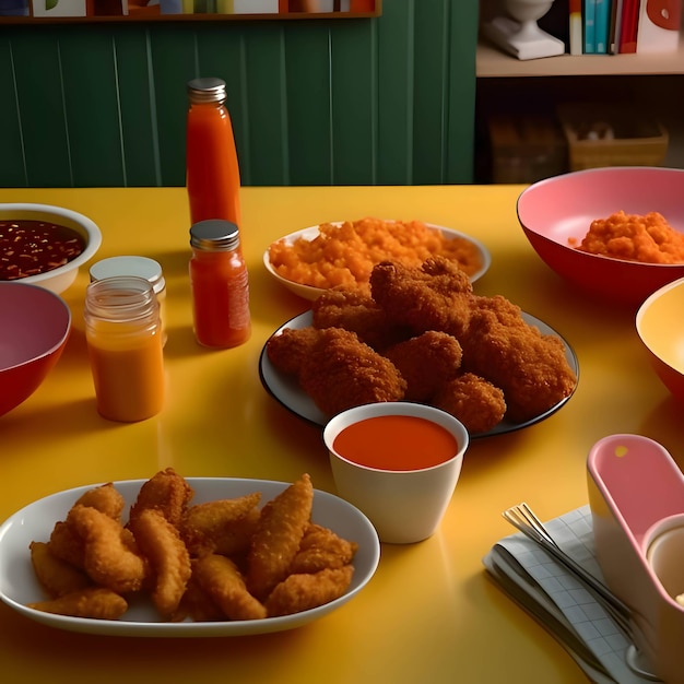 Voedsel op de tafel kip nuggets wortelsap