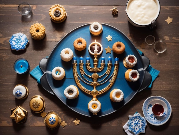 Voedsel voor de viering van Chanoeka Menorah Kaarsen op houten tafel sufganiyot taart en tafelinstelling Joodse symbool middenstukken witte en blauwe feestdag Israël Hebreeuwse traditionele familieviering