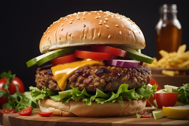 Voedsel voor fastfood in de vorm van heerlijke warme zelfgemaakte hamburger met vleeskotelet en groenten