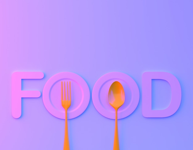 Voedsel woordteken logo met lepel en vork in bvibrant gewaagde gradiënt paarse en blauwe holografische kleuren achtergrond.