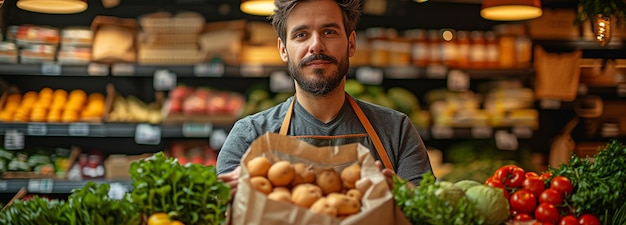 Voedsel wordt in een herbruikbare zak verpakt door de kassier van de supermarkt