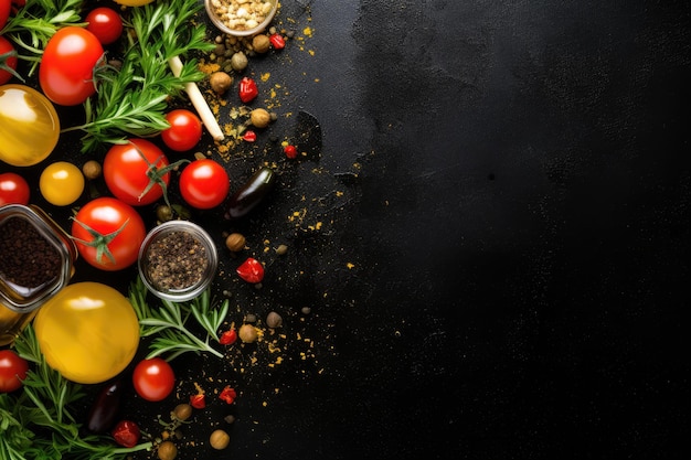 Voedselachtergrond Hoogste mening van de kruiden en de kruiden van olijfolietomaten op rustieke zwarte leisteen