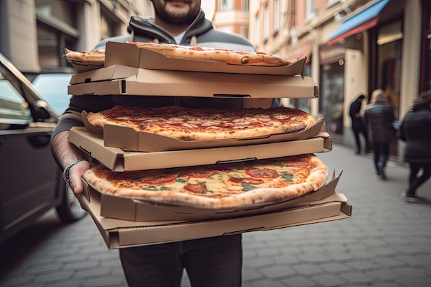 Voedselbezorger die een enorme stapel pizza's naar de hongerige klant brengt