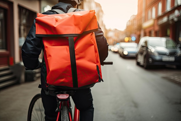 Voedselbezorger op een fiets met tas met lekker warm eten