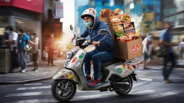 Voedselbezorger rijdt op een scooter met een doos met eten en draagt een masker